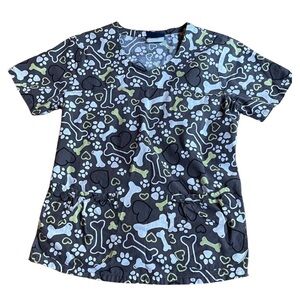 Sanibel Scrubs Paw Print & Dog Bone V-Neck Scrub Top XS Grey